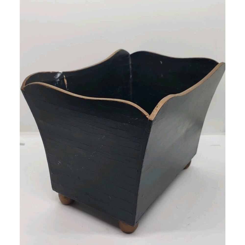 Vintage Toleware Hand Painted Roses Black Jardiniere Cache Pot Decor Vanity - Picture 6 of 12
